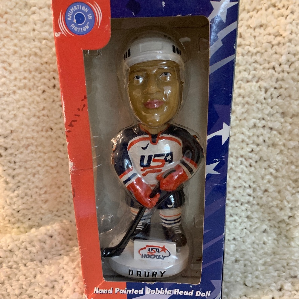 Bobble head of Chris Drury of Team U.S.A. hockey team.